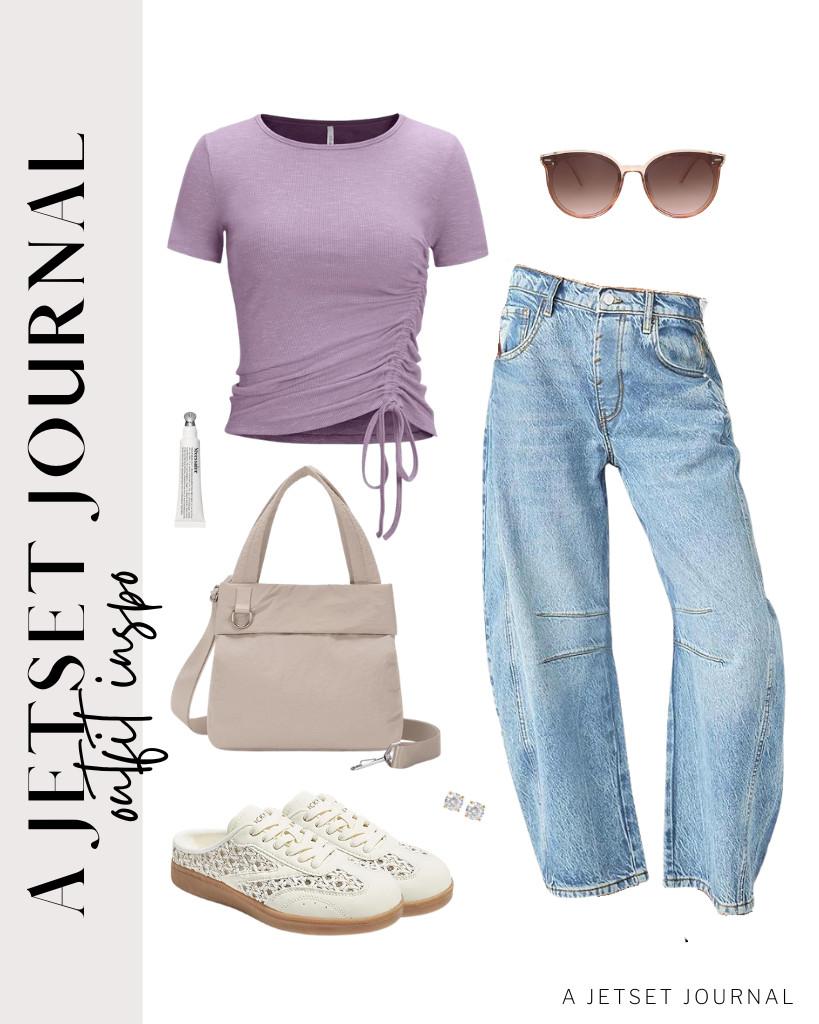 For a girlie look, try this pair of ruched-side shirt and barrel jeans combo. LUCKY STEP sneakers vibes with this fit, too. Adding this small tote bag and sunnies from SOJOS is an awesome way to style this outfit.

#LTKSeasonal #LTKSaleAlert #LTKTravel 

 