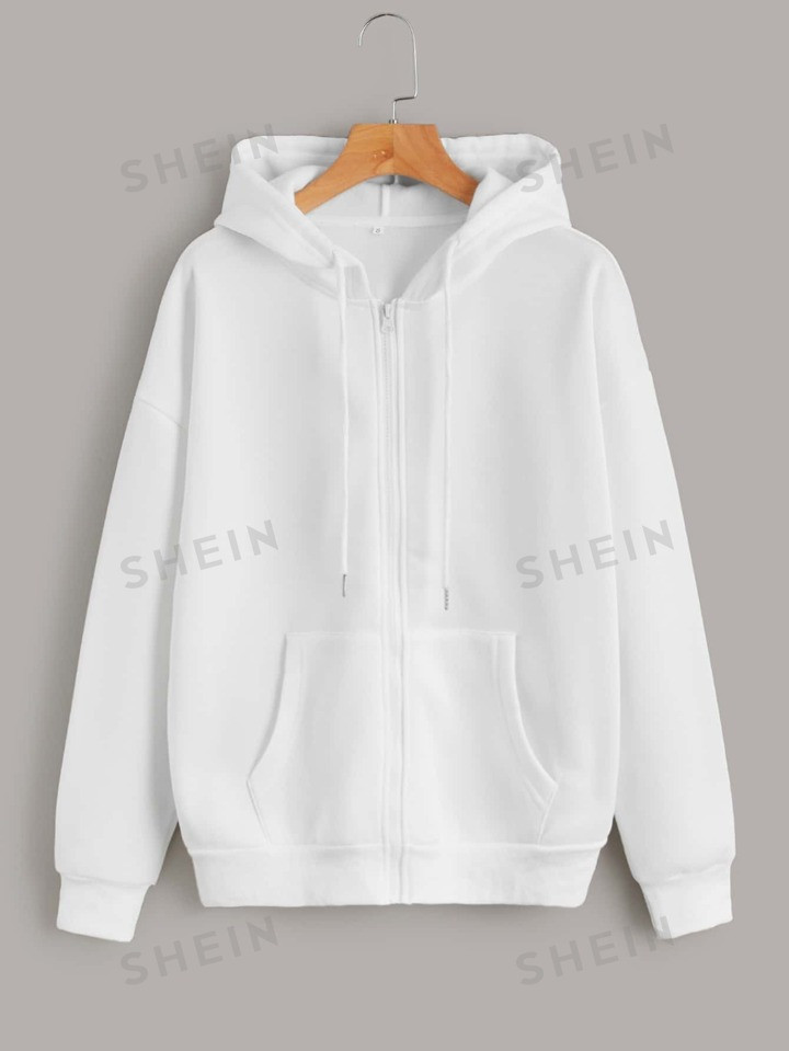 SHEIN Essnce Solid Zip Up Drawstring Thermal Lined Hoodie | SHEIN