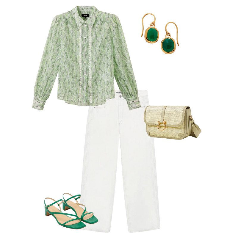 Elegant coffee morning style - white jeans, silk blend blouse, gold and green drop earrings, green woven cross body bag, elegant green strappy sandals 

 #LTKuk #LTKover50style #LTKstyletip