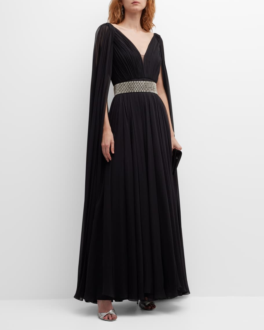 Jenny Packham Veronica Crystal Embellished Cape-Sleeve Plisse Gown | Neiman Marcus