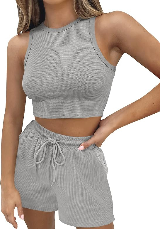 ZESICA Women's 2023 Waffle Knit Sleeveless Crop Top and Shorts Pullover Tracksuits Sweatsuits Lou... | Amazon (US)
