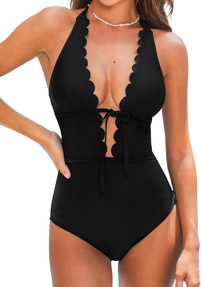 CUPSHE Women's One Piece Swimsuit Bathing Suits Halter Deep V Neck Self Tie Cutout Scalloped Swim... | Amazon (US)