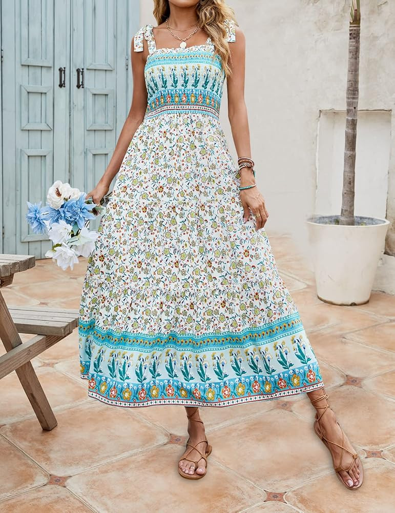ZESICA Women's Boho Summer Floral Print Tie Straps Sleeveless Square Neck Smocked Flowy Ruffle A Lin | Amazon (US)