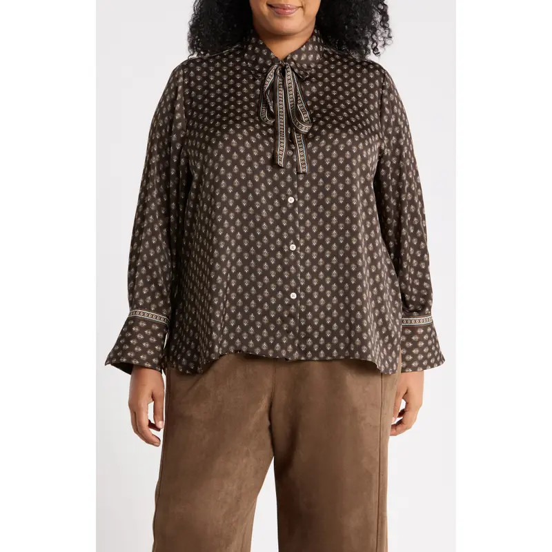 MAX STUDIO Tie Neck Satin Button-Up Shirt in Navy/Blue Dottie Stripes at Nordstrom Rack, Size 1X | Nordstrom Rack