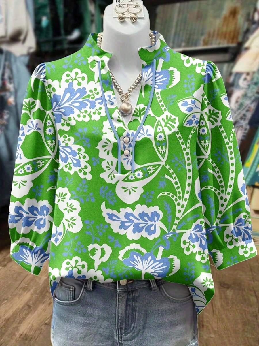 LocalVintage V-Neck Puff Bell Sleeve Blouse - Short 3/4 Length Flared Top, Non-Stretch Casual & S... | SHEIN