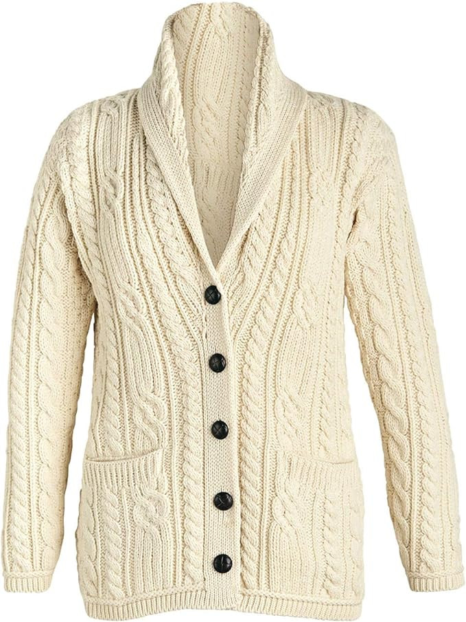 Merino Wool Cable Knit Irish Shawl Cardigan Sweater for Women Made in Ireland | Amazon (US)