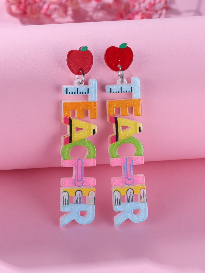 1pair Fresh & Sweet Style Acrylic Apple Shaped Colored Letter Detail Teacher's Day/back To School... | SHEIN