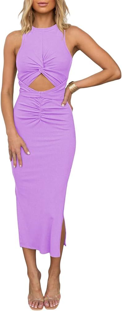 Duigluw Women's Summer Knit Sleeveless Crosscriss Cutout Ruched Bodycon Midi Dress with Slit | Amazon (US)