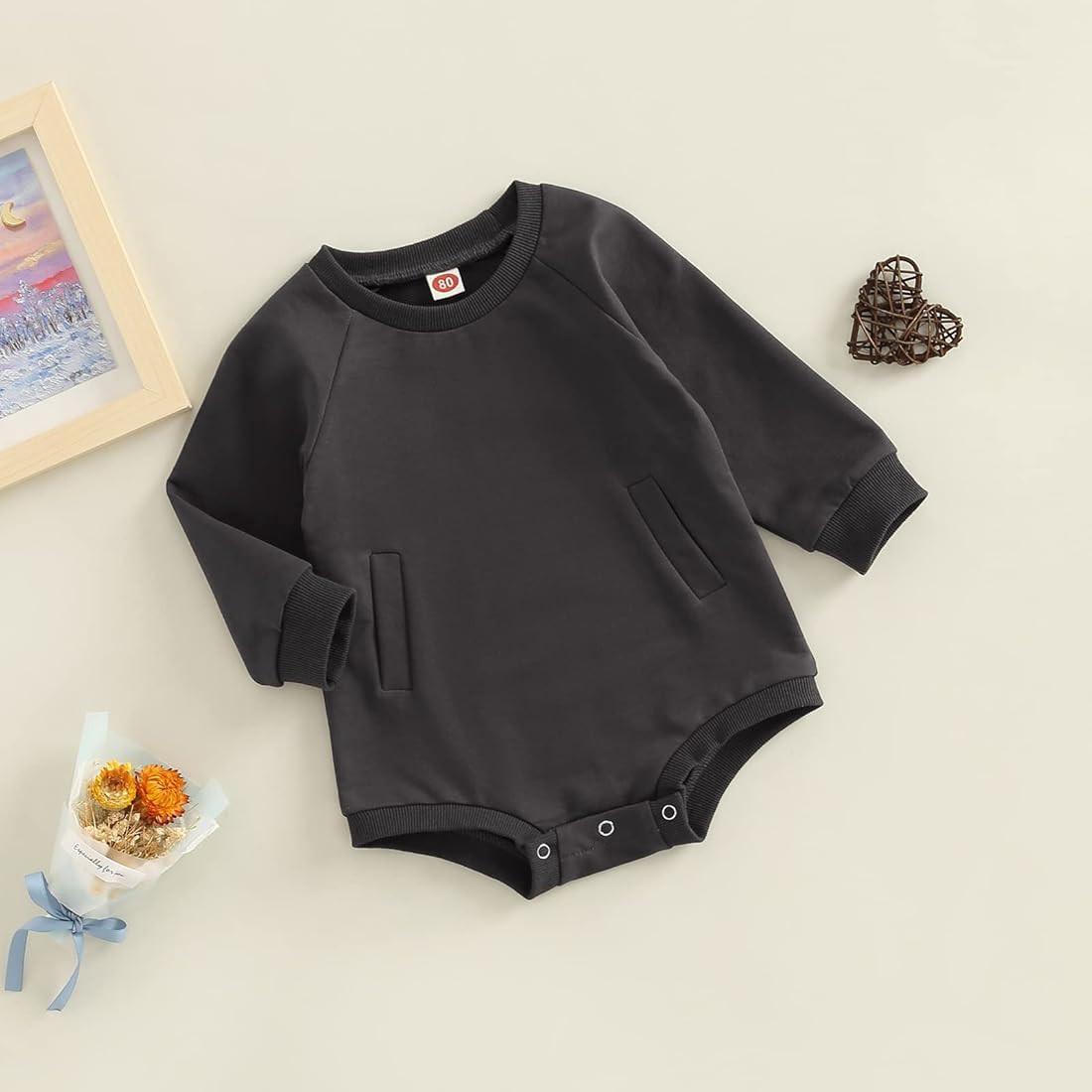 Hoanselay Newborn Infant Baby Boy Girl Basic Plain Pocket Long Sleeve Romper Bodysuit Tops Solid ... | Amazon (US)