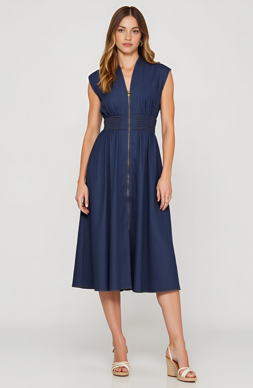 Modenaire Zip Front Sleeveless Denim Midi Dress in Denim Blue at Nordstrom, Size Medium | Nordstrom