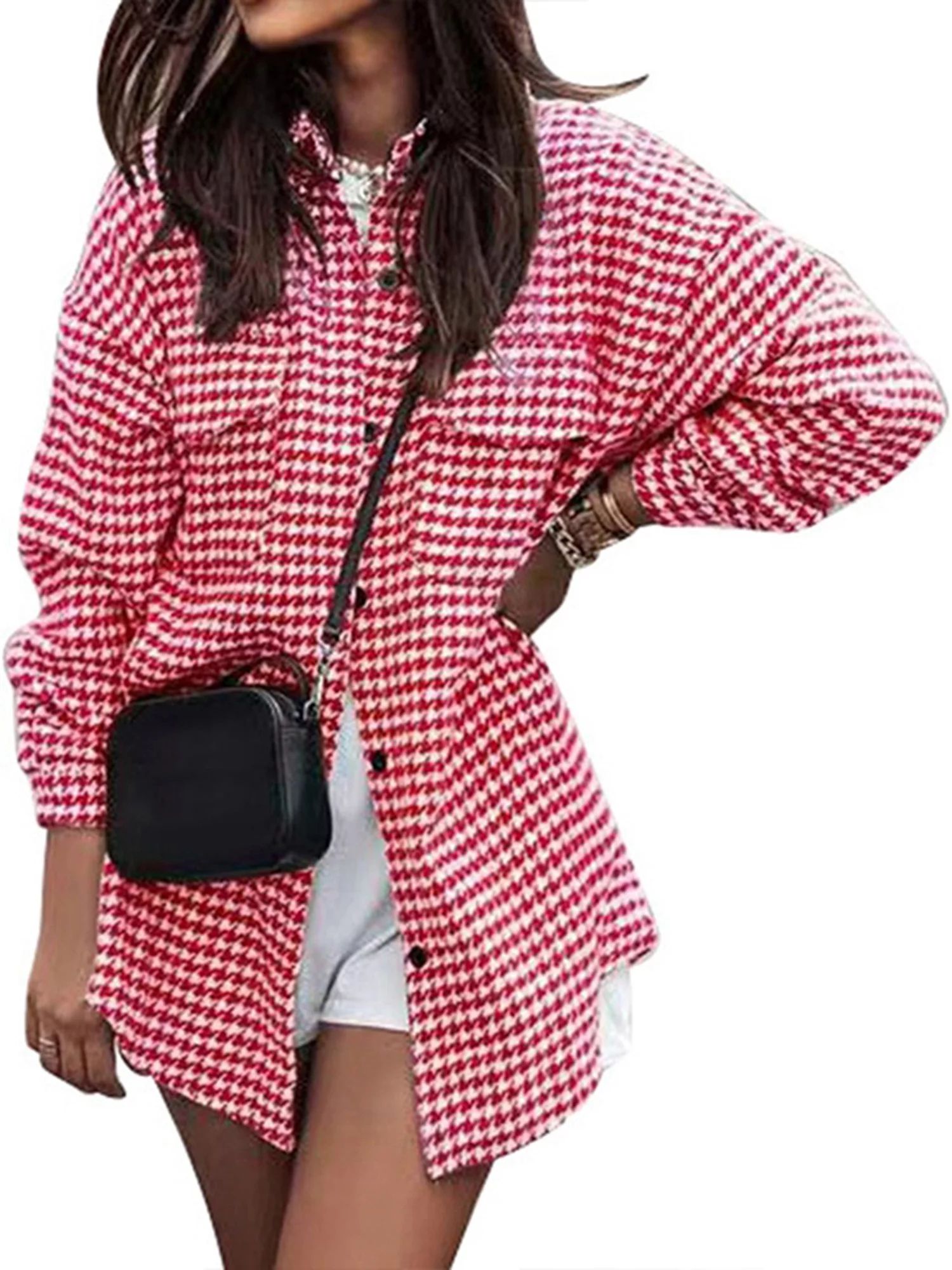 Women's Houndstooth Long Sleeve Button Down Casual Loose Pocketed Shacket Shirt Jacket Coat - Wal... | Walmart (US)