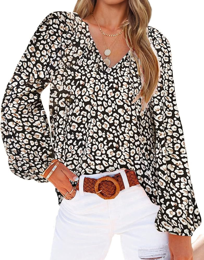 BTFBM Women Boho Floral Print Blouse Shirts V Neck Long Puff Sleeve Loose Lightweight Casual Chiffon | Amazon (US)