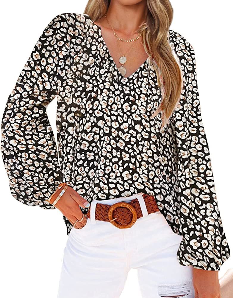 BTFBM Women Boho Floral Print Blouse Shirts V Neck Long Puff Sleeve Loose Lightweight Casual Chiffon | Amazon (US)