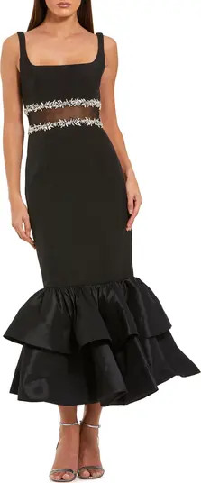 Mac Duggal Crepe Ruffle Hem Midi Dress With Beading Detail | Nordstrom | Nordstrom