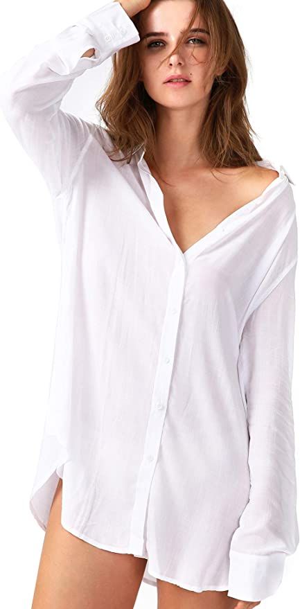 TOUSYEA Sleep Shirts for Women Button Down Shirts Long Sleeve Sleepwear Swimsuit Cover Ups Soft P... | Amazon (US)