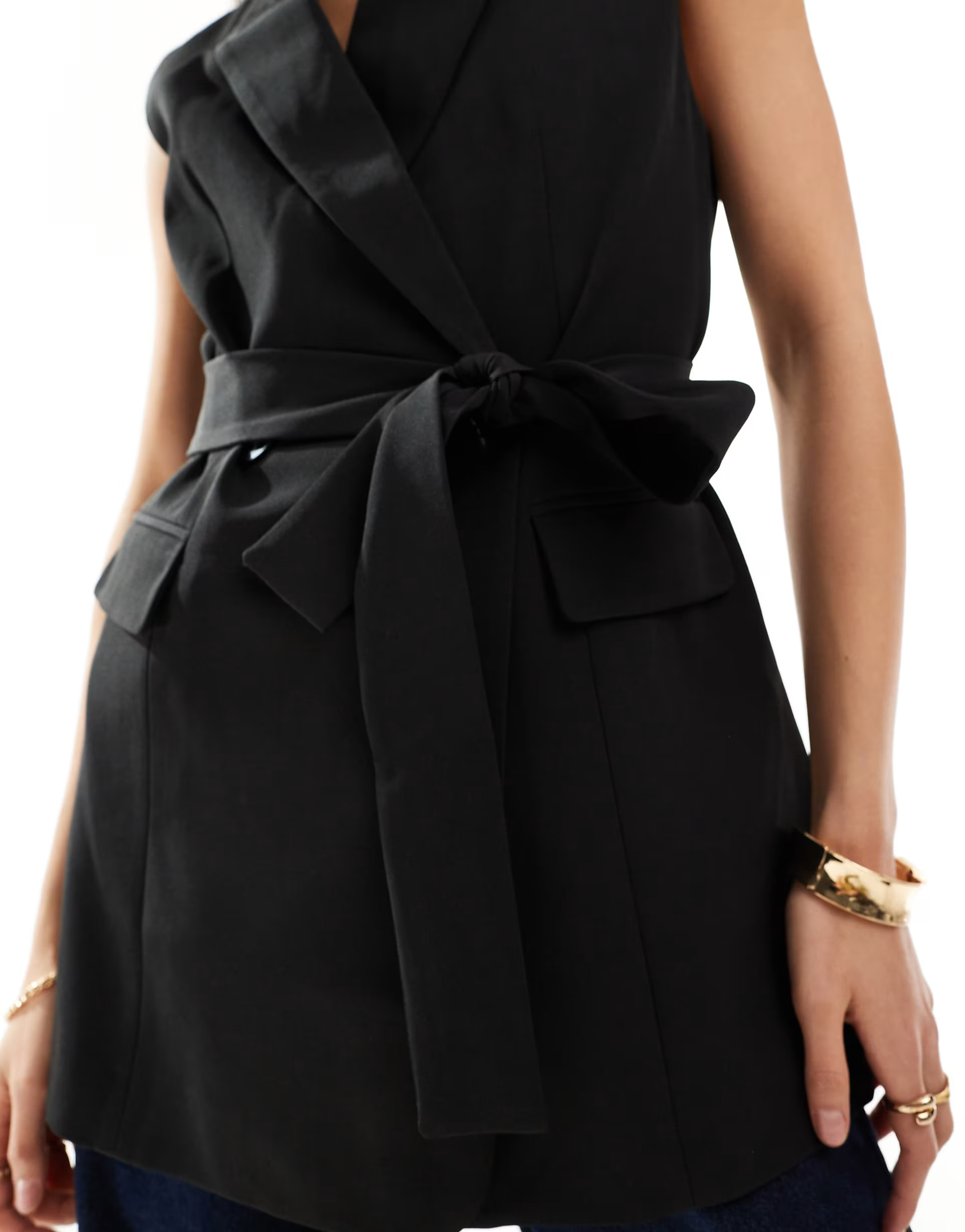 ASOS DESIGN sleeveless tailored blazer with tie waist in black | ASOS (Global)