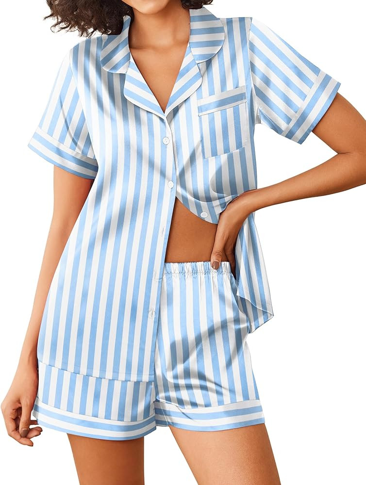 Ekouaer Womens Silk Satin Pajama Sets 2 Piece Short Sleeve Sleepwear Button Down Top and Shorts S... | Amazon (US)