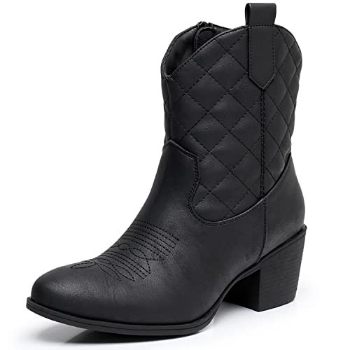 GLOBALWIN Women's Black Cowgirl Boots Ankle To Mid Calf Fashion Western Cowboy Boots For Women Chunky Low Heel Quilted Pattern Size 8.5M | Amazon (US)
