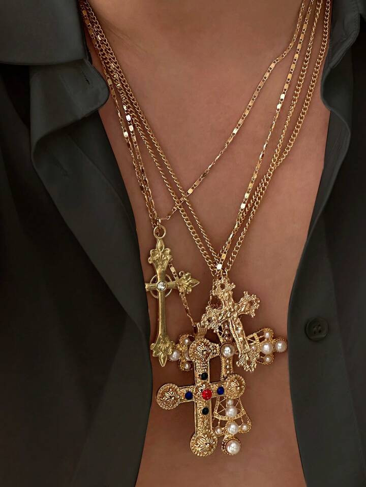 4pcs/Set Vintage Punk Style Cross Necklaces, Casual Daily Accessories & Gift For Men | SHEIN