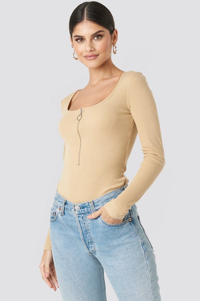 Long Sleeve Zipped Top Beige | NA-KD Global