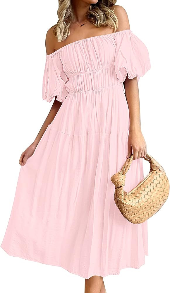 MEROKEETY Women's Puff Sleeve Off Shoulder Summer Midi Dress Ruffle A Line Flowy Dress with Pocke... | Amazon (US)