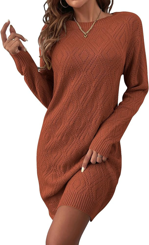 QWINEE Women's Knit Stretchable Elasticity Slim Round Neck Sweater Dress Without Belt | Amazon (US)