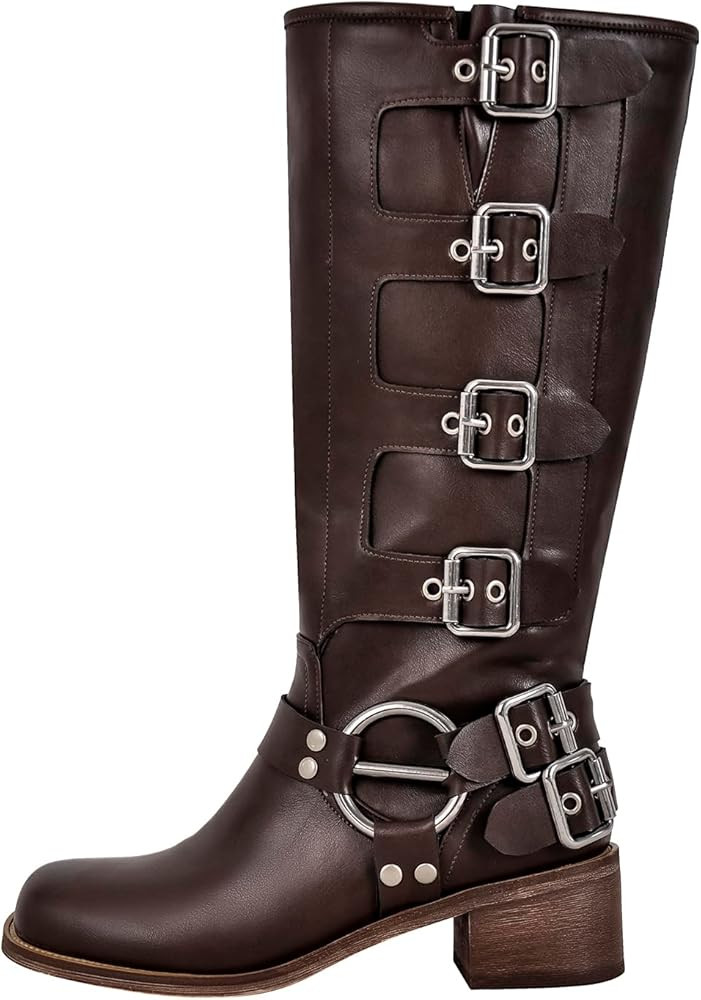 Women's Riding Boots Pull On Knee High Boots with Buckles Block Heels | Amazon (US)
