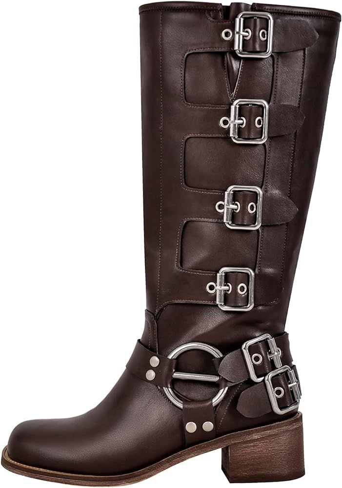 Women's Riding Boots Pull On Knee High Boots with Buckles Block Heels | Amazon (US)