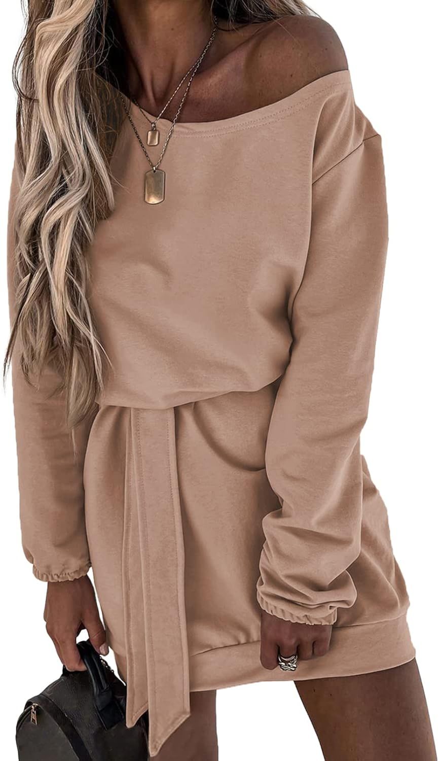 Amazon.com: Fesier Women's Casual One Shoulder Sweatshirt Dress Tie Waist Long Sleeve Tunic Fall ... | Amazon (US)
