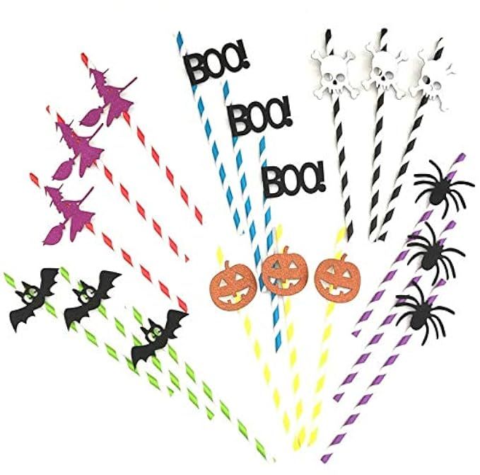Astra Gourmet 60-Pack Halloween Paper Straws, Pumpkin Ghost Skeleton Bat Spider Drinking Straw for H | Amazon (US)