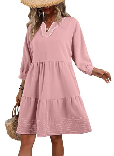 BLENCOT Summer Dresses for Women Casual V Neck 3/4 Puff Sleeve Boho A-line Tiered Babydoll Dress | Amazon (US)