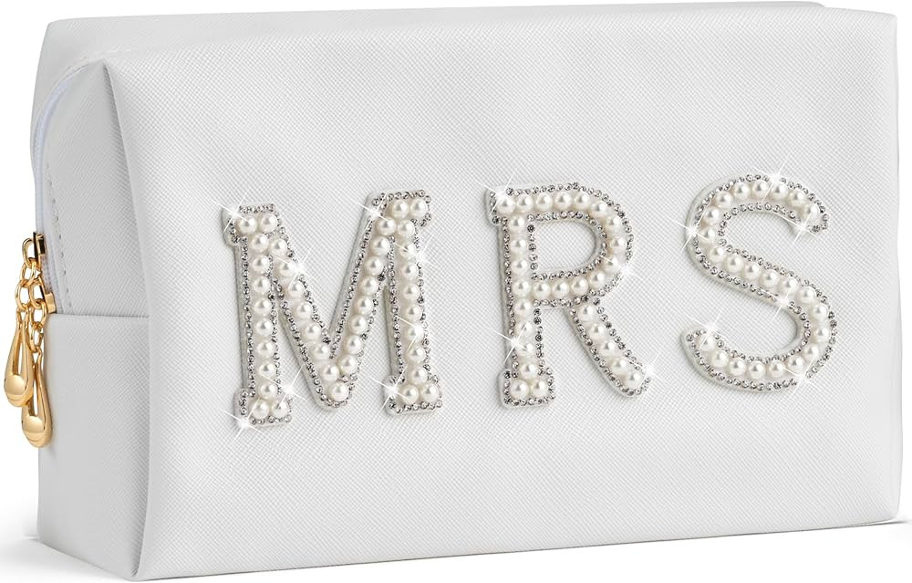 Y1tvei Bride Patch MRS Varsity Letter Cosmetic Toiletry Bag Pearl Rhinestone Letter Patches Bling... | Amazon (US)