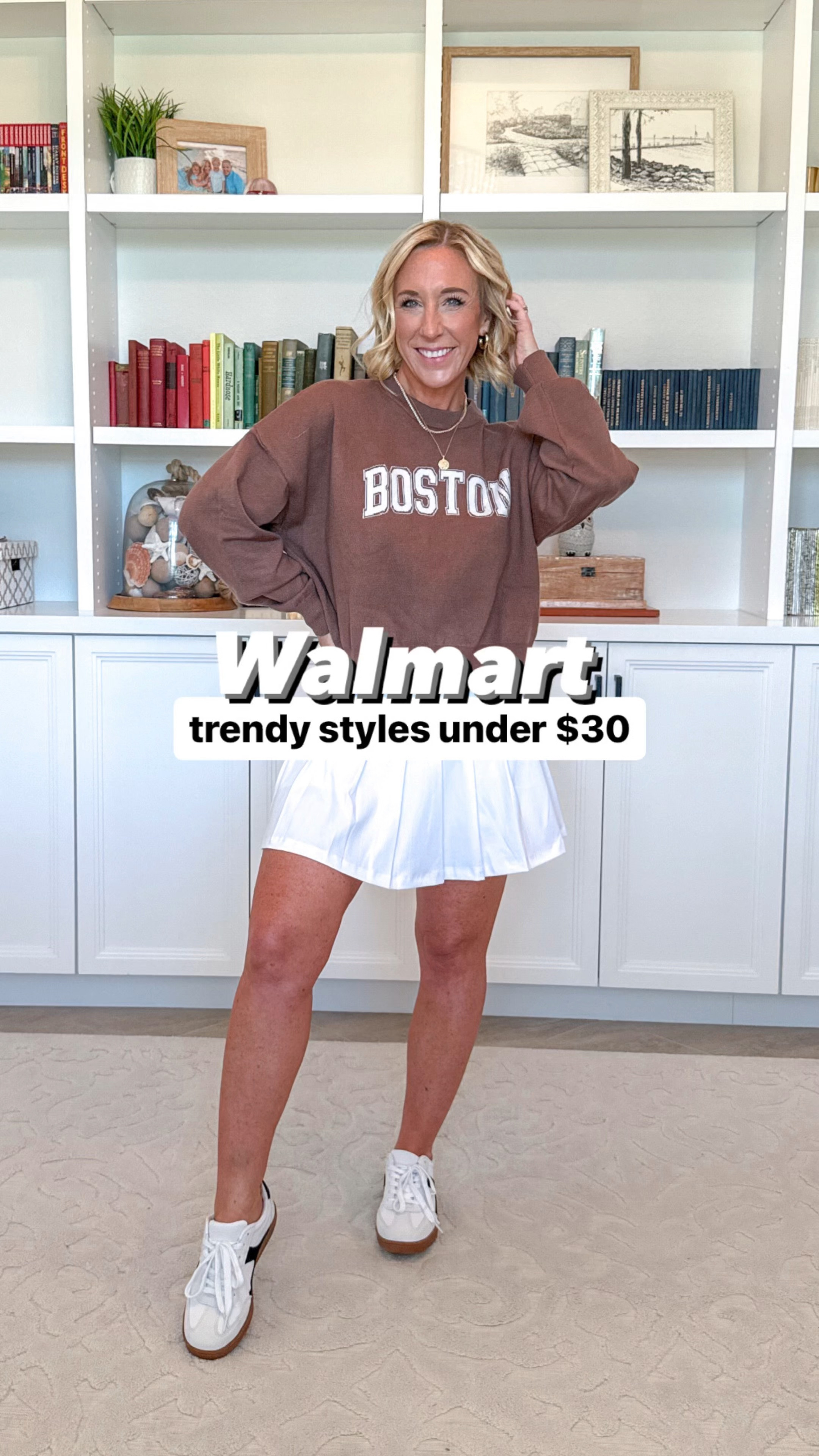 #walmartpartner bringing you some new trendy styles, that will make GenZ say “Woah, that’s from @Walmart?!”
1. Tweed skort - size small. $15.
2. White tank - size medium. $5. (Same as black one).
3. Cropped cardigan - size medium. $15.50.
4. Varsity jacket - size small. $18.98.
5. Brown “Boston” sweater - size large. $14.98.
6. White pleated skort - size small. $21.99.
7. Graphic quarter zip sweatshirt - size medium. $14.98.
8. Pleated khaki skirt - size XS. $11.98.
9. Wide leg cargo jeans - size small.  $26.
10. Black tank - size medium. $5.
11. Denim dress - size medium. $17.50.
SHOES:
* silver ballet - tts. $19.98.
* sneakers - size down a 1/2. $19.98.
* silver boots - tts. $29.98.

#LTKVideo #LTKFindsUnder50 #LTKBacktoSchool