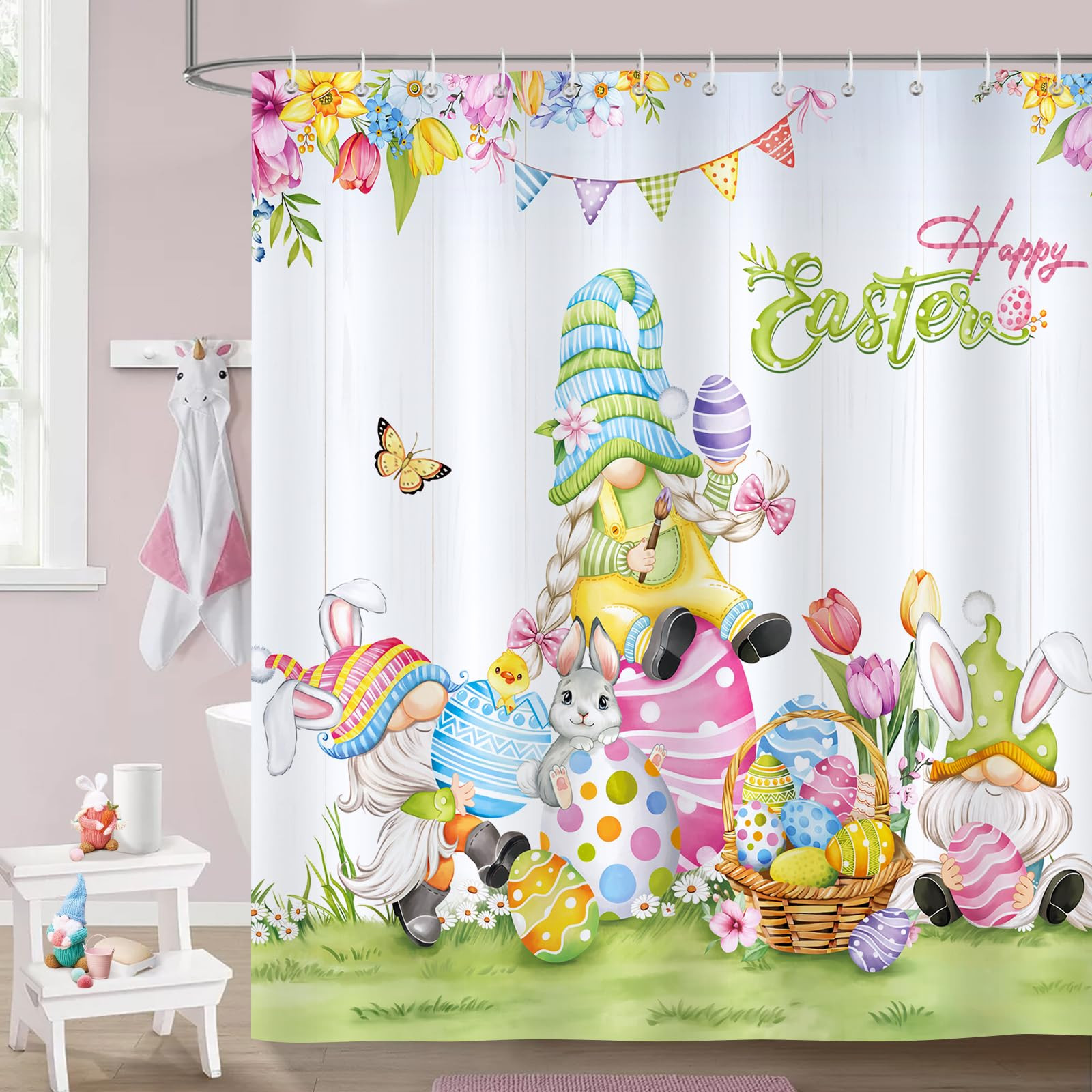 Bonhause Happy Easter Shower Curtain, Cute Bunny Gnome Easter Eggs Spring Bathroom Curtain 72 x 7... | Amazon (US)