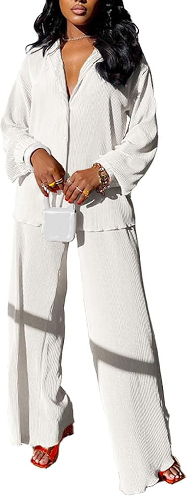 Halfword 2 Piece Outfits for Women - Linen Long Sleeve Button Down Shirt + Flare Pleated Wide Leg... | Amazon (US)