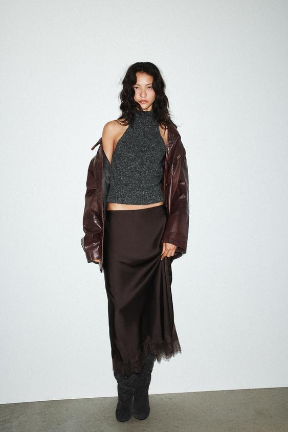 SATIN EFFECT LACE MIDI SKIRT | Zara US