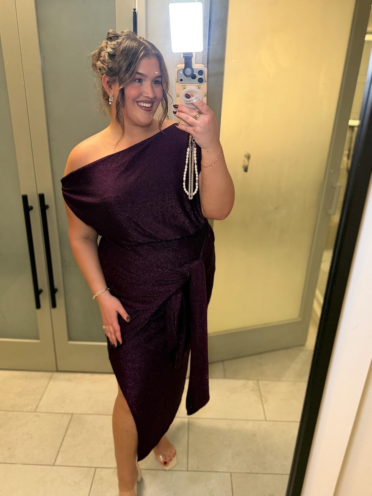 This off the shoulder deep purple dress has the perfect amount of sparkle ✨ for your upcoming events. The cut is so flattering, and the off the shouldered detail gives such a good off the shoulder look. This dress looks chic, I felt so confident in it. 
Special event dress, plus size approved, wedding guest dress