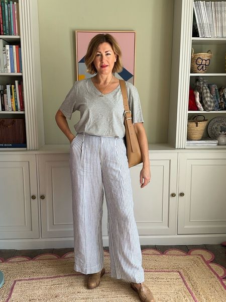 Whole outfit is from Madewell, casual outfit, pinstripe trousers, grey tshirt, tan accessories, bucket bag, sandals, spring outfit, transitional outfit 

#LTKSeasonal #LTKstyletip #LTKeurope