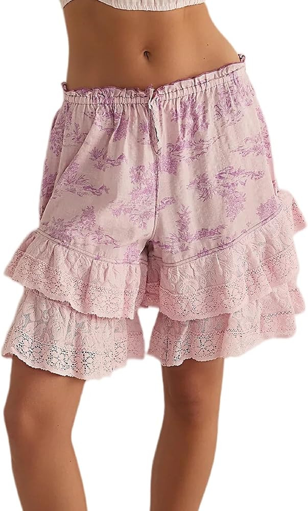UAURORAO Women Boho Floral Bloomers Knee Length Pantaloons Coquette Layered Ruffle Lace Shorts Pa... | Amazon (US)