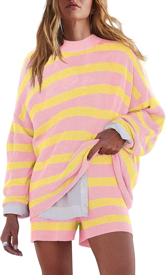 LAMISSCHE Womens Oversized Lounge Sets 2 Piece Outfits Striped Matching Pajama Set Long Sleeve Sw... | Amazon (US)