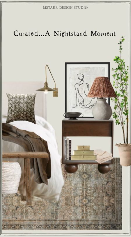 Curated...a nightstand moment. 

This nightstand fits right in with this cozy room, with its rounded feet and open bottom shelf. A cement looking table lamp with patterned shade, large framed sketch of a woman, and black bowl to hold all your bedside necessities round out the top of the nightstand. A reading light sconce adds more mood lighting to the room and a faux tree in the corner brings the comfort of outdoors in. A rustic bench at the end of the bed with a white woven storage basket underneath adds both form and function to the room, and a cozy green throw blanket gives a little extra warmth on those cold evenings. 

Danielle Oakey, Amazon, Wayfair, Amber Interiors, Anthropologie, Afloral, Target, Bellacor, Urban Outfitters, Walmart, McGee & Co

#LTKunder50 #LTKhome #LTKunder100