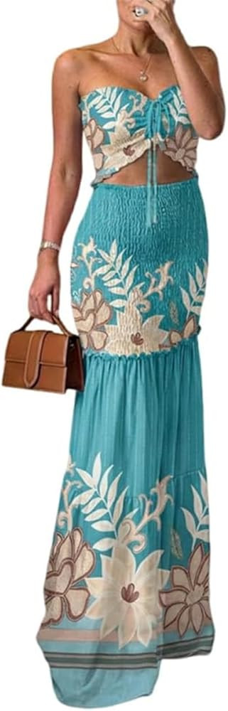 CHICME Floral Printed Vacation Dress Halter Tie Ruched Shirred Bandeau Party Dress Slim Ruffle He... | Amazon (US)
