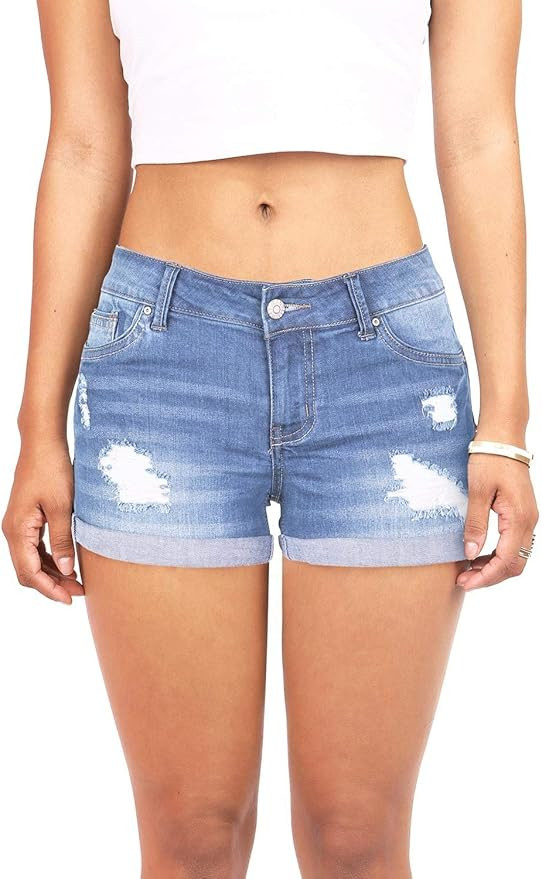 Wax Jean Women's Push Up Denim Jean Shorts with Destruction Light Acid Wash 90059 | Amazon (US)