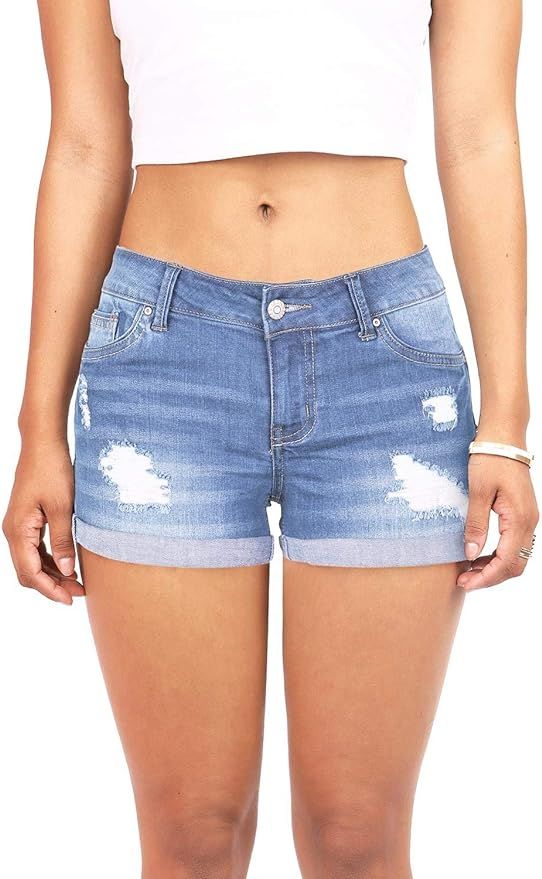 Wax Jean Women's Push Up Denim Jean Shorts with Destruction Light Acid Wash 90059 | Amazon (US)
