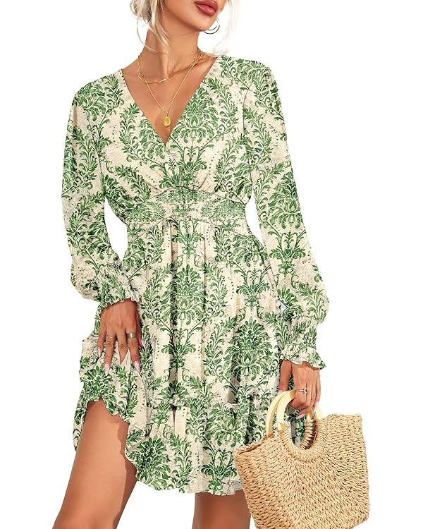 Women's Floral Boho V Neck Long Sleeve Mini A-Line Dresses 2024 Spring Summer Casual Flowy Ruffle... | Amazon (US)