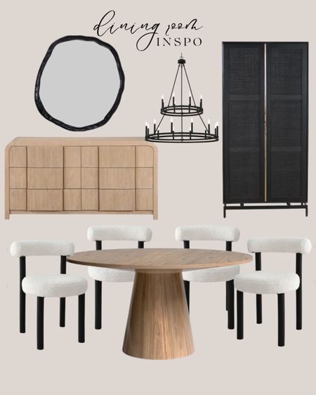 Wayfair dining room inspo:
Natural wood round dining table. White dining chairs. Natural wood sideboard. Black framed abstract mirror. Black chandelier traditional. Black cabinet tall.

#LTKsalealert #LTKhome