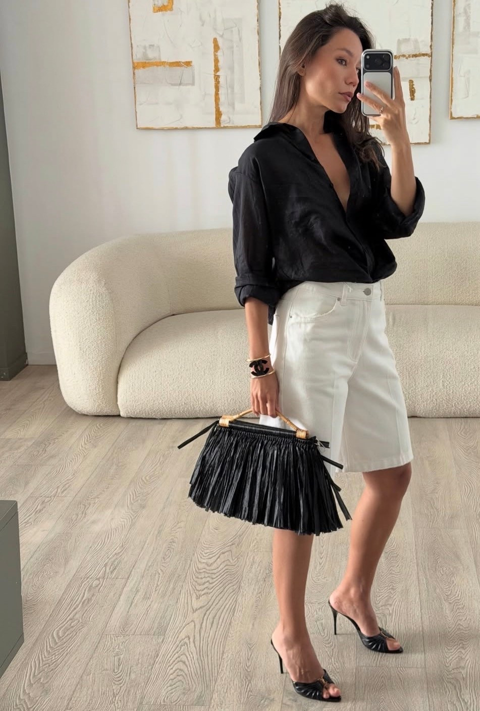 Whiter Bermuda jeans 
Ysl Babylone herls

#LTKootd #LTKPetite #LTKBeauty