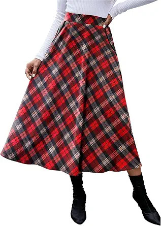 HUSKARY Plaid Skirts for Women 2024 Fall Winter Classic A Line High Elastic Waist Trendy Long Mid... | Amazon (US)