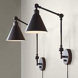 Wray Modern Industrial Adjustable Swing Arm Wall Lights Set of 2 Lamps Dark Bronze Plug-in Light ... | Amazon (US)