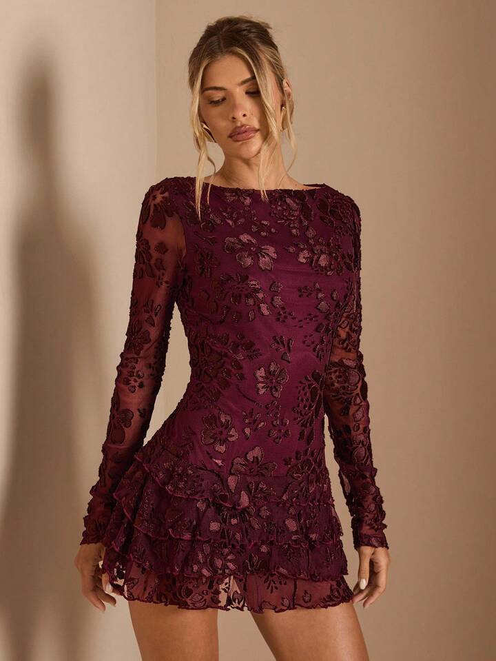 SHEIN BAE Women Burgundy Solid Color Elegant Lace Trim Layered Ruffles Hem Mini Dress | SHEIN